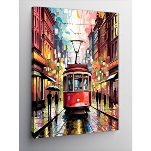 Kanvas Tablo Kırmızı Tramvay Ve İnsanlar 100x140 cm