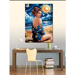 Kanvas Tablo Mavi Elbiseli Kadın Plajda 50x70 cm