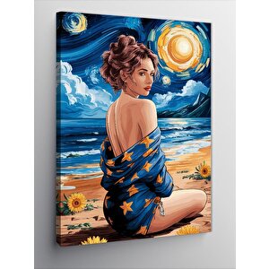 Kanvas Tablo Mavi Elbiseli Kadın Plajda 100x140 cm