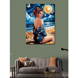 Kanvas Tablo Mavi Elbiseli Kadın Plajda 100x140 cm