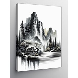 Kanvas Tablo Ormandaki Şelale Ve Ev 100x140 cm