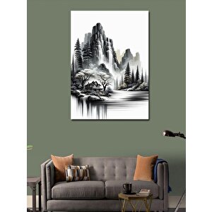 Kanvas Tablo Ormandaki Şelale Ve Ev 100x140 cm
