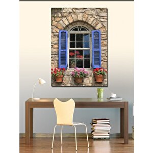 Kanvas Tablo Mavi Ahşap Panjurlu Ev 70x100 cm