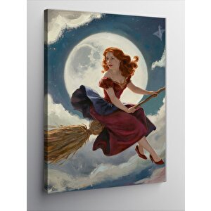 Kanvas Tablo Süpürgeyle Uçan Kadın 100x140 cm