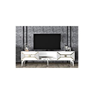 Yumedidh 2 Raflı 2 Kapaklı Tv Ünitesi Beyaz Altın