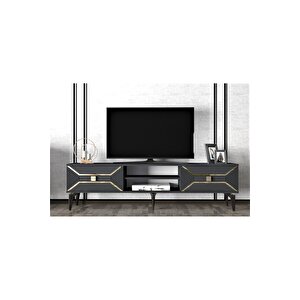Yumedidh 2 Raflı 2 Kapaklı Tv Ünitesi Antrasit Altın