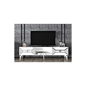 Yumedidh Tv 2 Raflı 2 Kapaklı Tv Ünitesi Beyaz Gümüş Beyaz-Gümüş