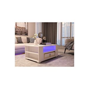 Calvindh Led Aydınlatmalı Spot Işıklı Tv Ünitesi Orta Sehpa Ve Konsol Takımı Beyaz Altın