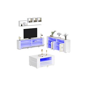 Calvindh Led Aydınlatmalı Spot Işıklı Tv Ünitesi Orta Sehpa Ve Konsol Takımı Beyaz Altın