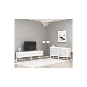 Mi̇dasdh 180 Cm Tv Sehpasi (alt Modül) Ve 4 Kapakli Konsol 2'li̇ Salon Takimi Beyaz -gümüş