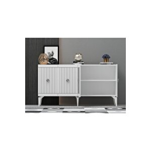 Mi̇dasdh 180 Cm Tv Sehpasi (alt Modül) Ve 4 Kapakli Konsol 2'li̇ Salon Takimi Beyaz -gümüş