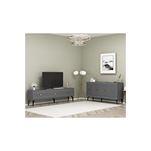 Mi̇dasdh 180 Cm Tv Sehpasi (alt Modül) Ve 4 Kapakli Konsol 2'li̇ Salon Takimi Antrasi̇t-altin Antrasit Gold