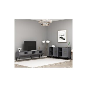 Mi̇dasdh 180 Cm Tv Sehpasi (alt Modül) Ve 4 Kapakli Konsol 2'li̇ Salon Takimi Antrasi̇t-altin Antrasit Gold