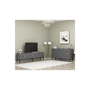 Mi̇dasdh 180 Cm Tv Sehpasi (alt Modül) Ve 4 Kapakli Konsol 2'li̇ Salon Takimi Antrasi̇t-gümüş Antrasit Gümüş