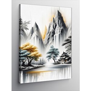 Kanvas Tablo Beyaz Dağ Ve Ev Manzarası 100x140 cm