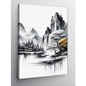 Kanvas Tablo Ormandaki Şelale Ve Ev 70x100 cm
