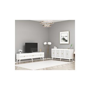 Mi̇dasdh 180 Cm Tv Sehpasi (alt Modül) Ve 4 Kapakli Konsol 2'li̇ Salon Takimi Beyaz-altin Beyaz-Altın