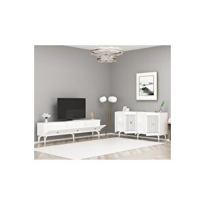 Mi̇dasdh 180 Cm Tv Sehpasi (alt Modül) Ve 4 Kapakli Konsol 2'li̇ Salon Takimi Beyaz-altin