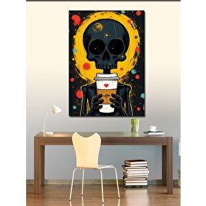 Kanvas Tablo Kafası Kahve Kupası Olan İskelet 70x100 cm