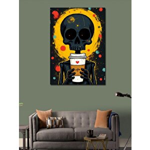 Kanvas Tablo Kafası Kahve Kupası Olan İskelet 70x100 cm
