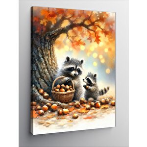 Kanvas Tablo Fındık Toplayan Rakunlar 100x140 cm
