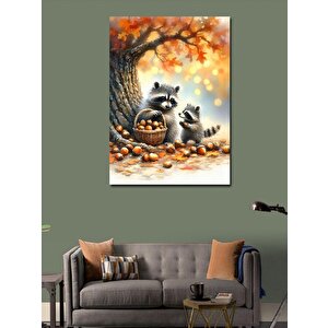 Kanvas Tablo Fındık Toplayan Rakunlar 100x140 cm