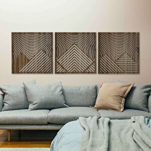 Ahşap Duvar Tablosu, 3 Parça Ahşap Modern Duvar Dekoru, Oval Gökyüzü Geometrik Dağ Desen Duvar Paneli, Akasya 71x71 cm