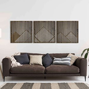 Ahşap Duvar Tablosu, 3 Parça Ahşap Modern Duvar Dekoru, Oval Gökyüzü Geometrik Dağ Desen Duvar Paneli, Akasya 71x71 cm