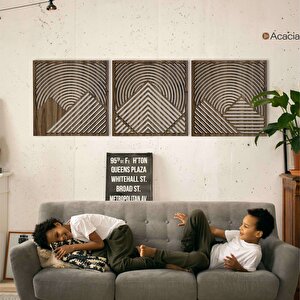 Ahşap Duvar Tablosu, 3 Parça Ahşap Modern Duvar Dekoru, Oval Gökyüzü Geometrik Dağ Desen Duvar Paneli, Akasya 71x71 cm
