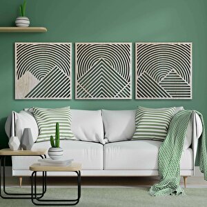 Ahşap Duvar Tablosu, 3 Parça Ahşap Modern Duvar Dekoru, Oval Gökyüzü Geometrik Dağ Desen Duvar Paneli, Akçaağaç 58,5x58,5 cm