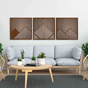 Ahşap Duvar Tablosu, 3 Parça Ahşap Modern Duvar Dekoru, Oval Gökyüzü Geometrik Dağ Desen Duvar Paneli, Ceviz 71x71 cm