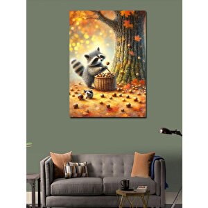 Kanvas Tablo Fındık Toplayan Rakunlar 100x140 cm