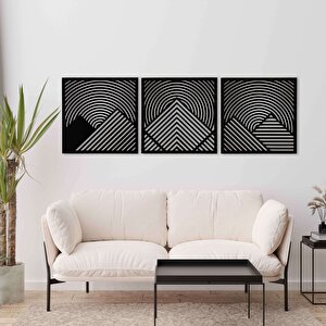 Ahşap Duvar Tablosu, 3 Parça Ahşap Modern Duvar Dekoru, Oval Gökyüzü Geometrik Dağ Desen Duvar Paneli, Siyah 28x28 cm