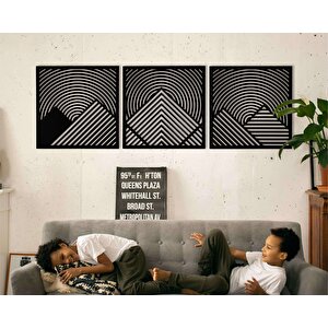 Ahşap Duvar Tablosu, 3 Parça Ahşap Modern Duvar Dekoru, Oval Gökyüzü Geometrik Dağ Desen Duvar Paneli, Siyah 28x28 cm
