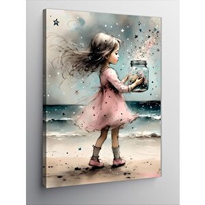 Kanvas Tablo Yıldızlar Ve Sahilde Sevimli Küçük Kız 50x70 cm