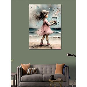 Kanvas Tablo Yıldızlar Ve Sahilde Sevimli Küçük Kız 50x70 cm