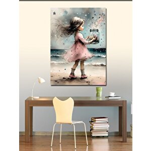 Kanvas Tablo Yıldızlar Ve Sahilde Sevimli Küçük Kız 70x100 cm