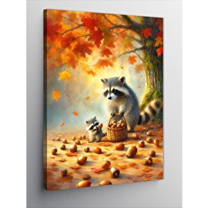 Kanvas Tablo Fındık Toplayan Rakunlar 70x100 cm