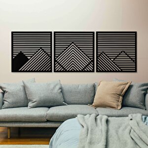 Ahşap Duvar Tablosu, 3 Parça Ahşap Modern Duvar Dekoru, Yatay Gökyüzü Geometrik Dağ Desen Duvar Paneli, Siyah 40,5x40,5 cm