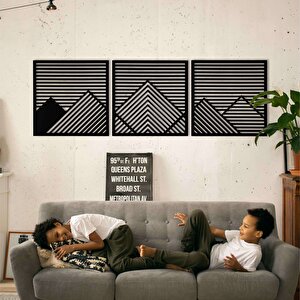 Ahşap Duvar Tablosu, 3 Parça Ahşap Modern Duvar Dekoru, Yatay Gökyüzü Geometrik Dağ Desen Duvar Paneli, Siyah 58,5x58,5 cm