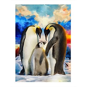 Sevimli Penguen Ailesi Hediyelik Ahşap Tablo 35cm X50cm 35x50 cm