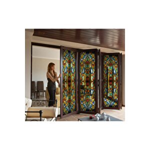 Sf 628 Enerjik Renkli Geometrik Desenli Şeffaf Vitray Cam Kaplama Yapışkanlı Folyo 90x100 cm