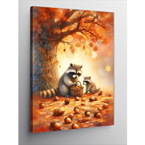 Kanvas Tablo Fındık Toplayan Rakunlar 50x70 cm