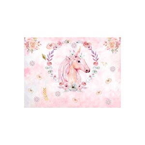 Ps 1020 - Pembe Unicorn Ve Çiçek Çemberi Temalı Çocuk Odası Poster Duvar Kağıdı 250x260 cm