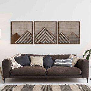 Ahşap Duvar Tablosu, 3 Parça Ahşap Modern Duvar Dekoru, Yatay Gökyüzü Geometrik Dağ Desen Duvar Paneli, Ceviz 58,5x58,5 cm