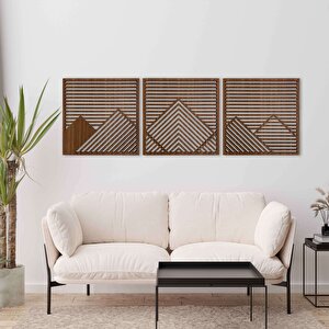 Ahşap Duvar Tablosu, 3 Parça Ahşap Modern Duvar Dekoru, Yatay Gökyüzü Geometrik Dağ Desen Duvar Paneli, Ceviz 58,5x58,5 cm