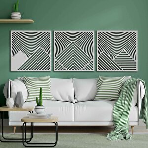 Ahşap Duvar Tablosu, 3 Parça Ahşap Modern Duvar Dekoru, Oval Gökyüzü Geometrik Dağ Desen Duvar Paneli, Beyaz 71x71 cm