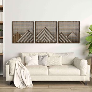 Ahşap Duvar Tablosu, 3 Parça Ahşap Modern Duvar Dekoru, Yatay Gökyüzü Geometrik Dağ Desen Duvar Paneli, Akasya 28x28 cm