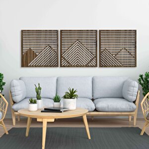 Ahşap Duvar Tablosu, 3 Parça Ahşap Modern Duvar Dekoru, Yatay Gökyüzü Geometrik Dağ Desen Duvar Paneli, Akasya 71x71 cm