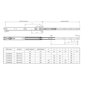 Teleskopik Bilyalı Ray  ( Geniş 43 Mm ) Frenli 43 Mm X 50 Cm